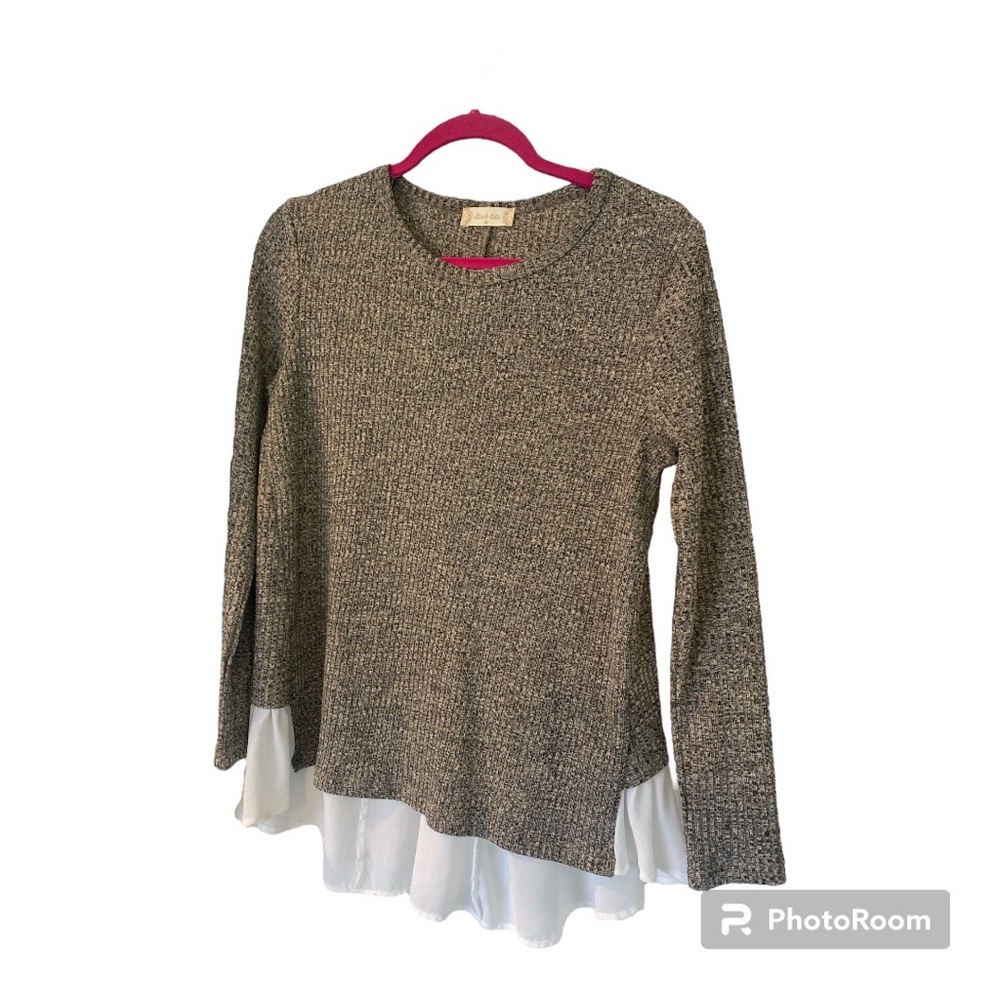 Green/gray flattering, layered sweater from Altar’d State